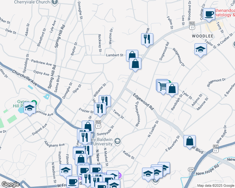 map of restaurants, bars, coffee shops, grocery stores, and more near 1220 N Augusta St in Staunton