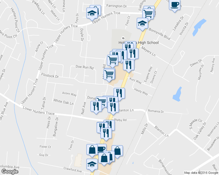 map of restaurants, bars, coffee shops, grocery stores, and more near 4132 Flintlock Drive in Louisville