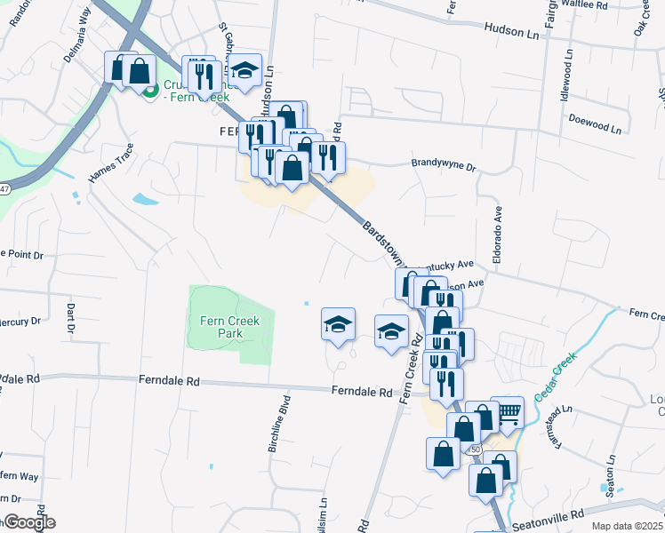 map of restaurants, bars, coffee shops, grocery stores, and more near 6014 Shean Court in Louisville