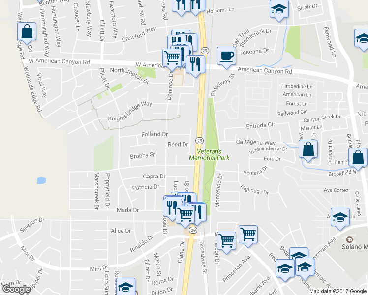 map of restaurants, bars, coffee shops, grocery stores, and more near 103 Reed Drive in American Canyon