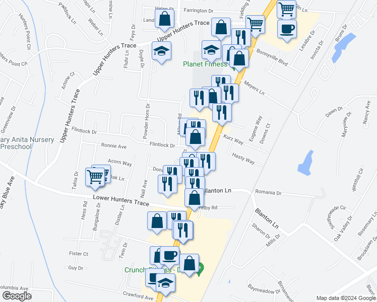 map of restaurants, bars, coffee shops, grocery stores, and more near 4132 Flintlock Drive in Louisville