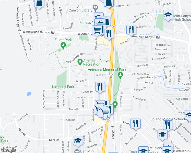 map of restaurants, bars, coffee shops, grocery stores, and more near 626 Danrose Drive in American Canyon