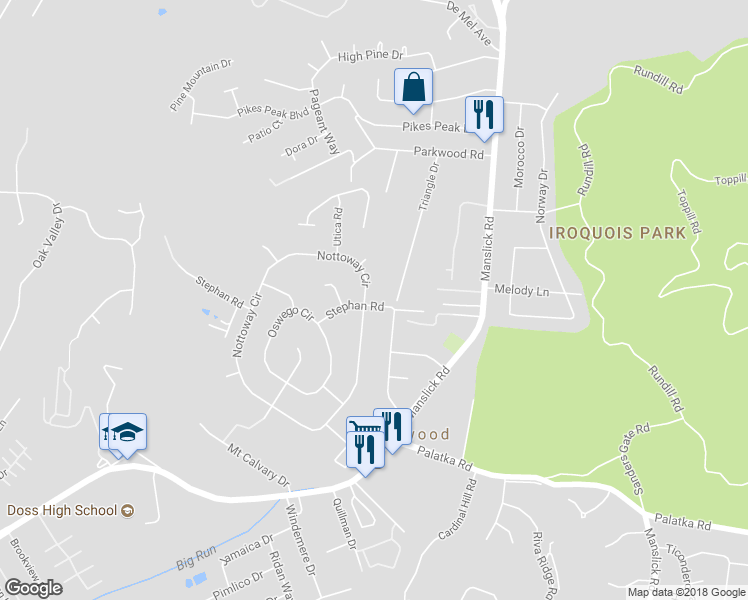 map of restaurants, bars, coffee shops, grocery stores, and more near 2620 Stephan Road in Louisville