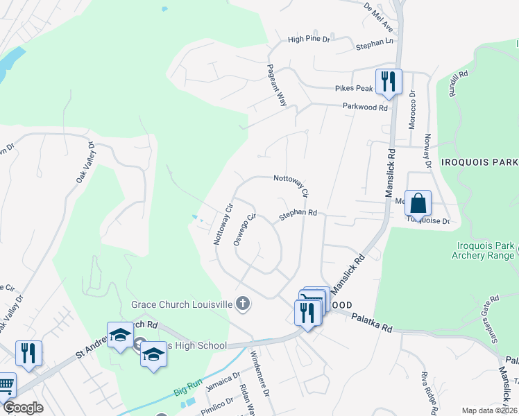 map of restaurants, bars, coffee shops, grocery stores, and more near 6319 Tioga Road in Louisville