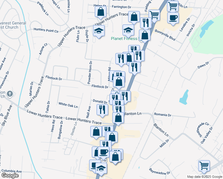 map of restaurants, bars, coffee shops, grocery stores, and more near 4132 Flintlock Drive in Louisville