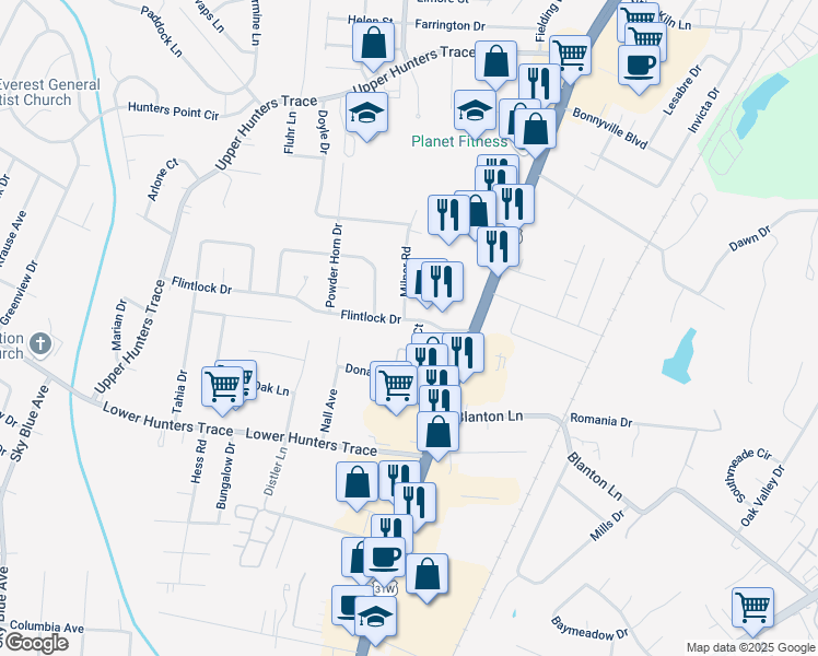 map of restaurants, bars, coffee shops, grocery stores, and more near 4222 Flintlock Drive in Louisville