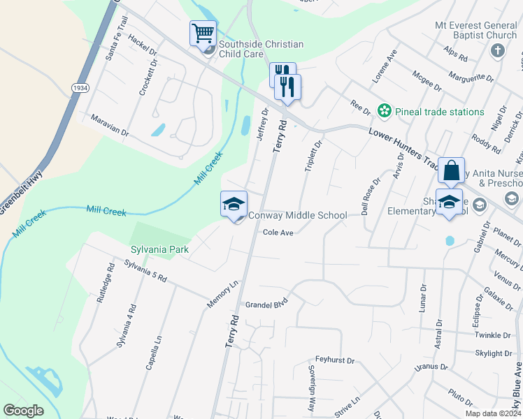 map of restaurants, bars, coffee shops, grocery stores, and more near 6208 Terry Road in Louisville