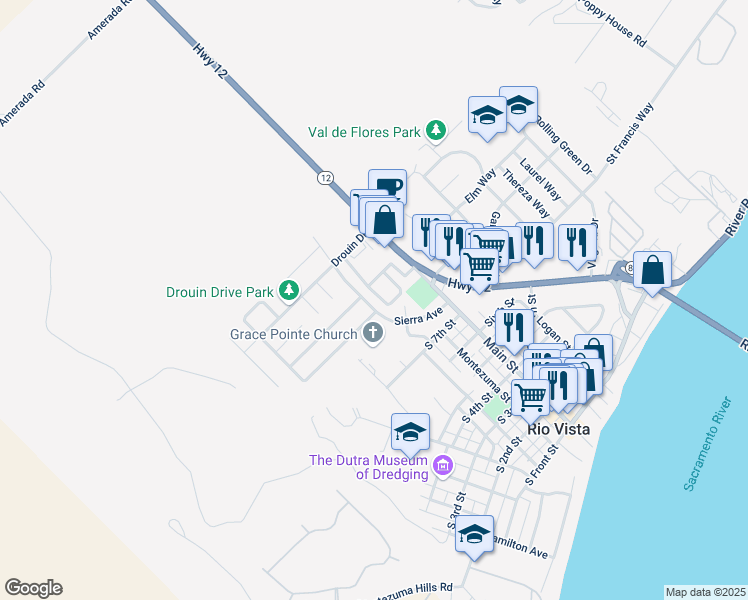 map of restaurants, bars, coffee shops, grocery stores, and more near 170 Sierra Avenue in Rio Vista