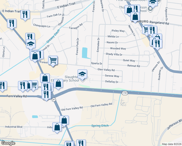 map of restaurants, bars, coffee shops, grocery stores, and more near 3901 Serene Way in Louisville