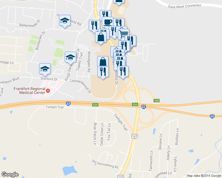 map of restaurants, bars, coffee shops, grocery stores, and more near 344 Leonardwood Drive in Frankfort