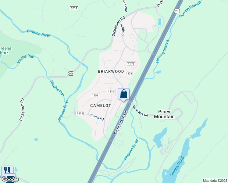 map of restaurants, bars, coffee shops, grocery stores, and more near 2127 Elm Tree Knoll in Charlottesville