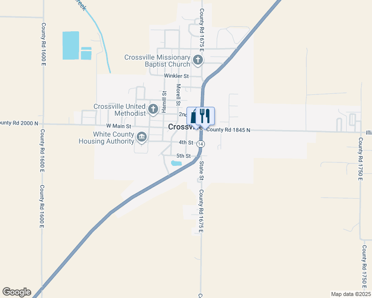 map of restaurants, bars, coffee shops, grocery stores, and more near 203 Elliott Street in Crossville