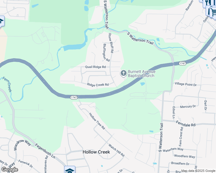 map of restaurants, bars, coffee shops, grocery stores, and more near 7312 Ridge Creek Road in Louisville