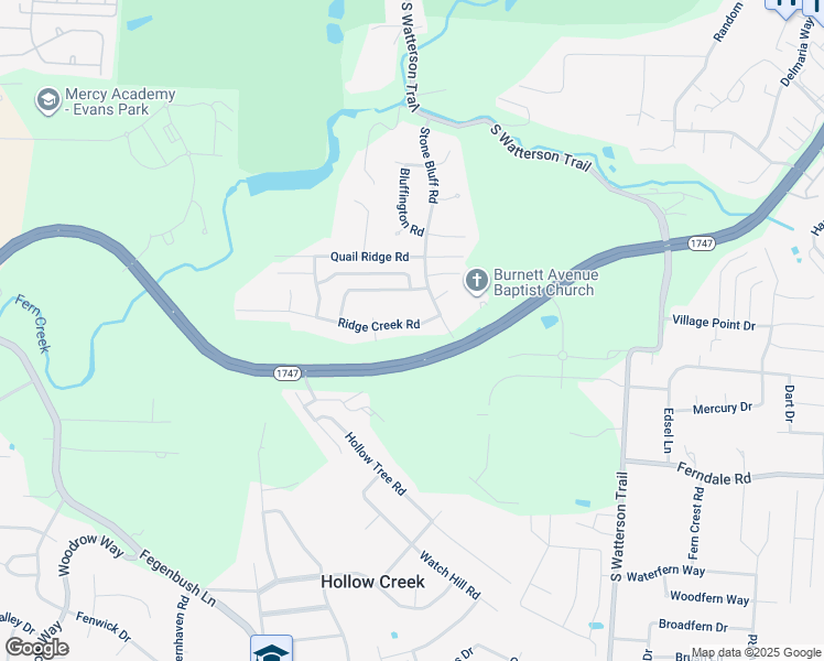 map of restaurants, bars, coffee shops, grocery stores, and more near 7312 Ridge Creek Road in Louisville