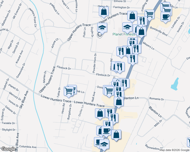 map of restaurants, bars, coffee shops, grocery stores, and more near 4306 Flintlock Drive in Louisville