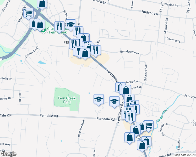map of restaurants, bars, coffee shops, grocery stores, and more near 6003 Shean Court in Louisville