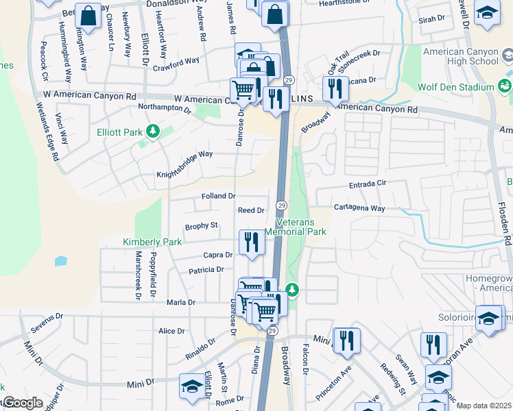 map of restaurants, bars, coffee shops, grocery stores, and more near 104 Reed Drive in American Canyon
