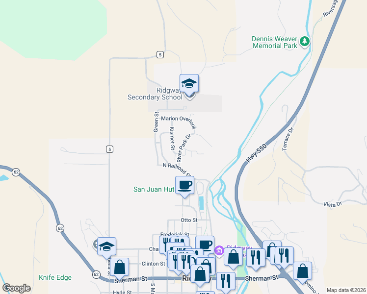 map of restaurants, bars, coffee shops, grocery stores, and more near 322 Escalante Circle in Ridgway
