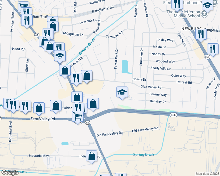 map of restaurants, bars, coffee shops, grocery stores, and more near 1217 Wannsee Drive in Louisville