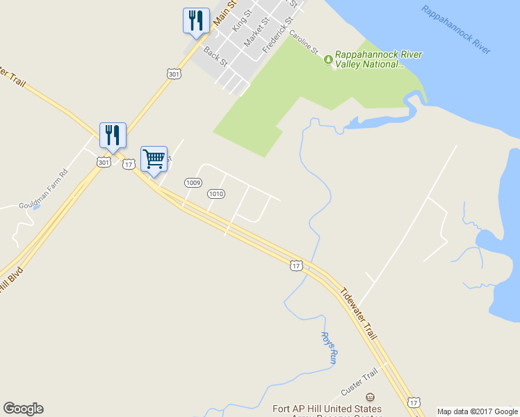 map of restaurants, bars, coffee shops, grocery stores, and more near 7258 Calvin Lane in Port Royal