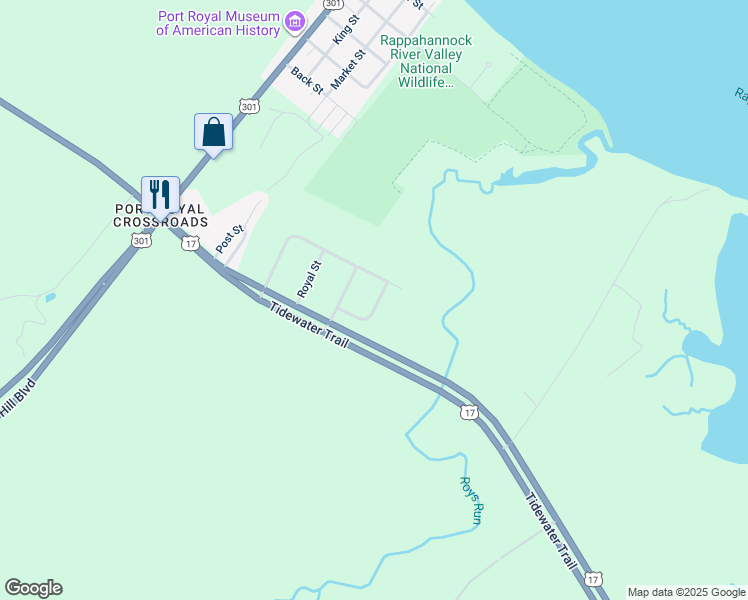 map of restaurants, bars, coffee shops, grocery stores, and more near 7258 Calvin Lane in Port Royal