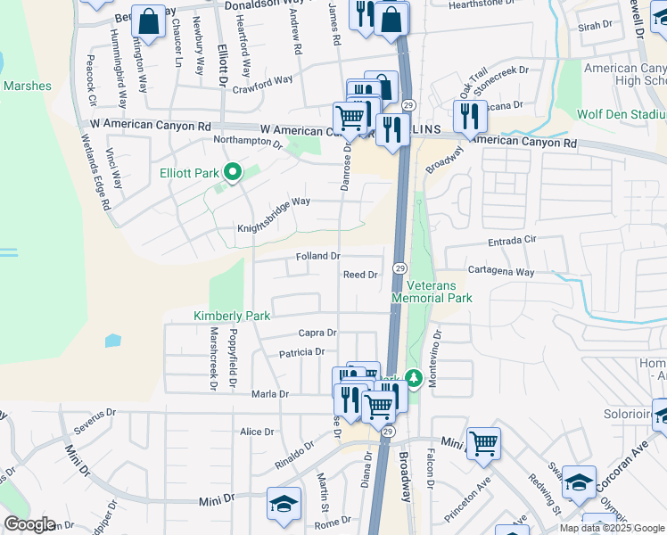 map of restaurants, bars, coffee shops, grocery stores, and more near 705 Danrose Drive in American Canyon