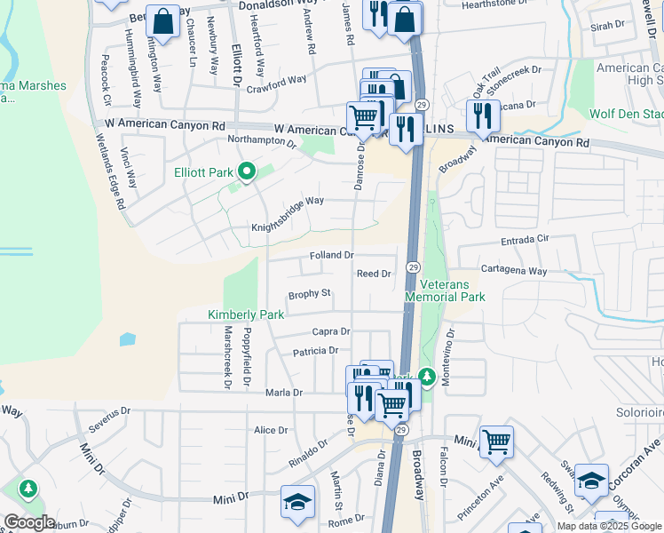 map of restaurants, bars, coffee shops, grocery stores, and more near 216 Sheffield Way in American Canyon