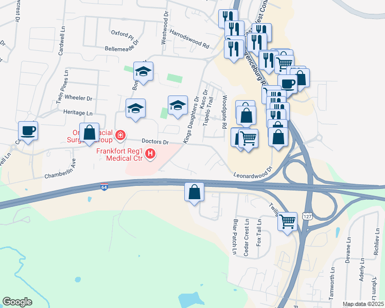 map of restaurants, bars, coffee shops, grocery stores, and more near 102 Leonardwood Drive in Frankfort