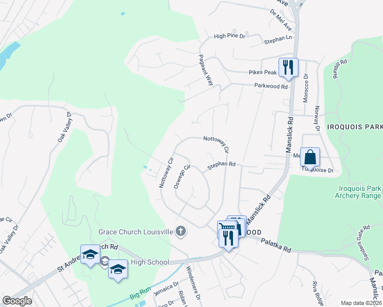 map of restaurants, bars, coffee shops, grocery stores, and more near 6319 Tioga Road in Louisville