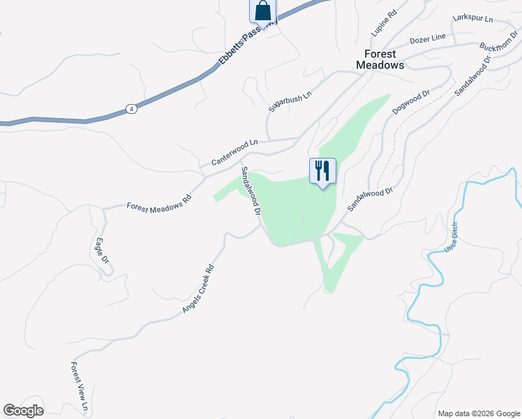 map of restaurants, bars, coffee shops, grocery stores, and more near 1772 Sandalwood Drive in Murphys