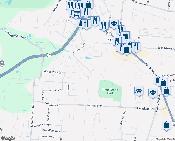 map of restaurants, bars, coffee shops, grocery stores, and more near 6126 Big Ben Drive in Louisville