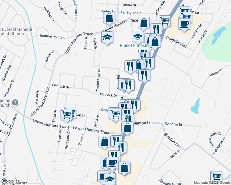 map of restaurants, bars, coffee shops, grocery stores, and more near 4222 Flintlock Drive in Louisville