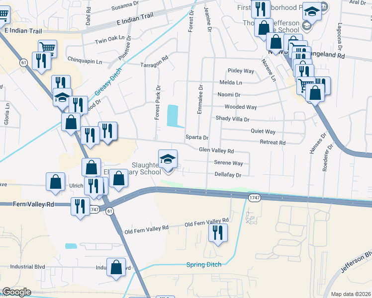 map of restaurants, bars, coffee shops, grocery stores, and more near 3901 Serene Way in Louisville