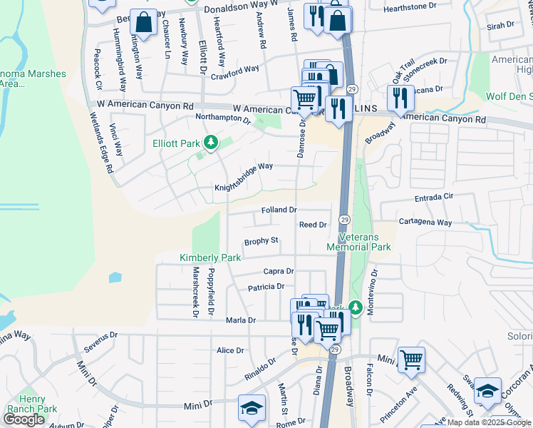 map of restaurants, bars, coffee shops, grocery stores, and more near 229 Folland Drive in American Canyon