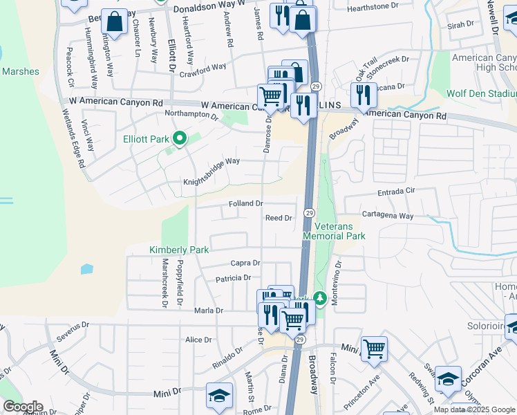 map of restaurants, bars, coffee shops, grocery stores, and more near 705 Danrose Drive in American Canyon