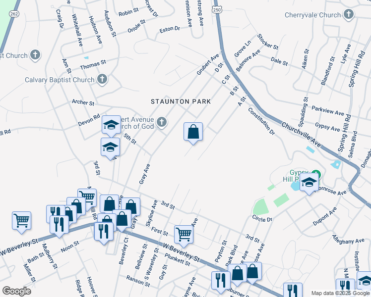 map of restaurants, bars, coffee shops, grocery stores, and more near 500 C Street in Staunton