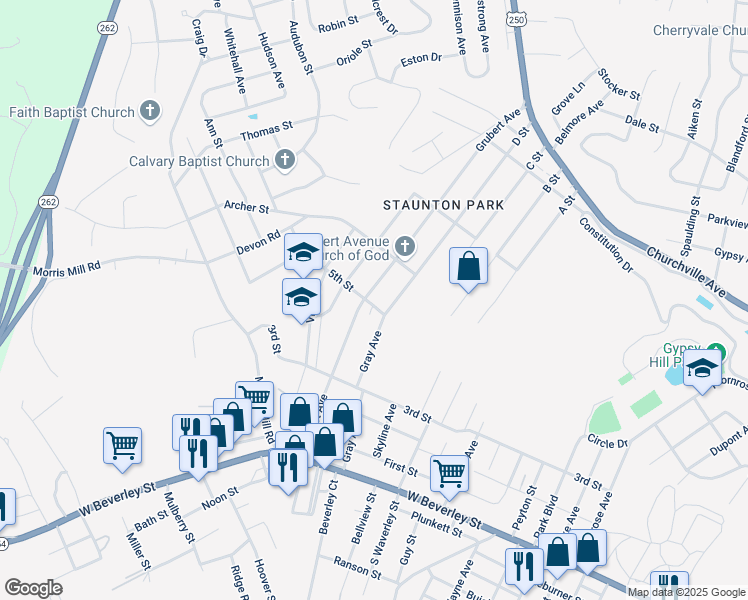 map of restaurants, bars, coffee shops, grocery stores, and more near 401 Grubert Avenue in Staunton
