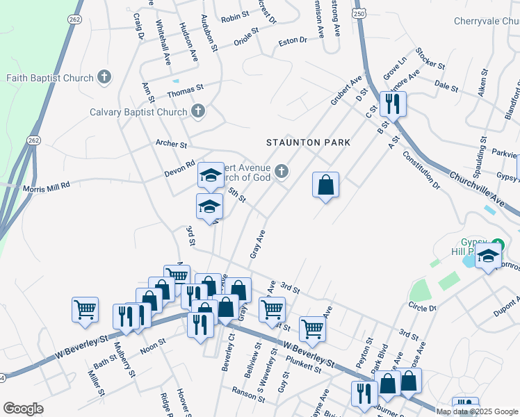 map of restaurants, bars, coffee shops, grocery stores, and more near 401 Grubert Avenue in Staunton