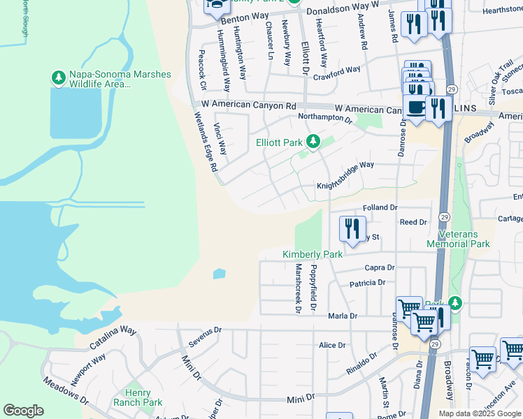 map of restaurants, bars, coffee shops, grocery stores, and more near 423 Northrup Lane in American Canyon