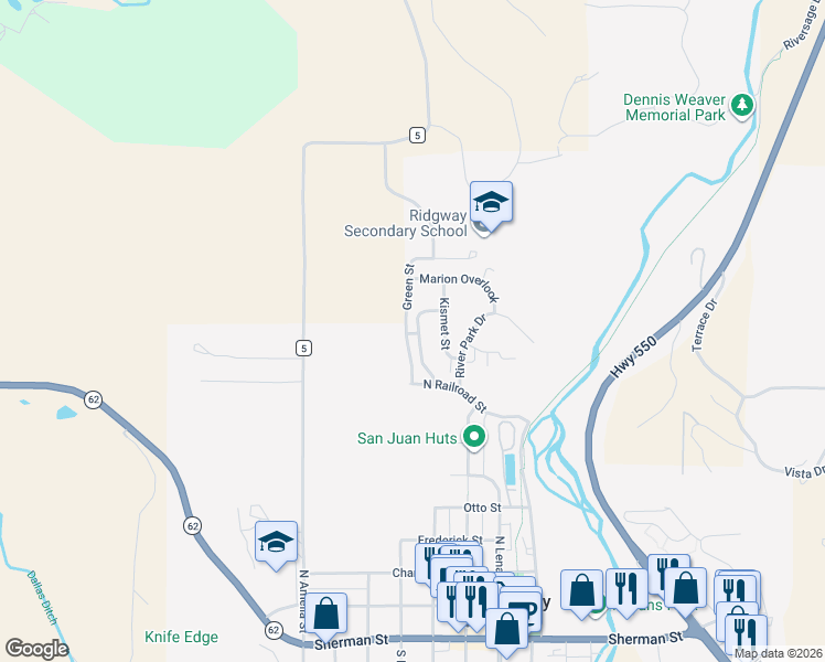 map of restaurants, bars, coffee shops, grocery stores, and more near 1200 Green Street in Ridgway