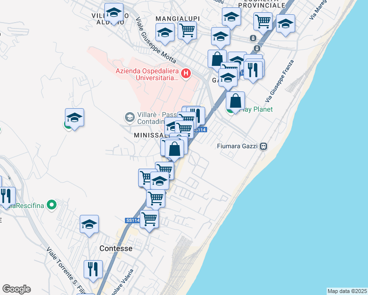 map of restaurants, bars, coffee shops, grocery stores, and more near 110 Via Consolare Valeria in Messina