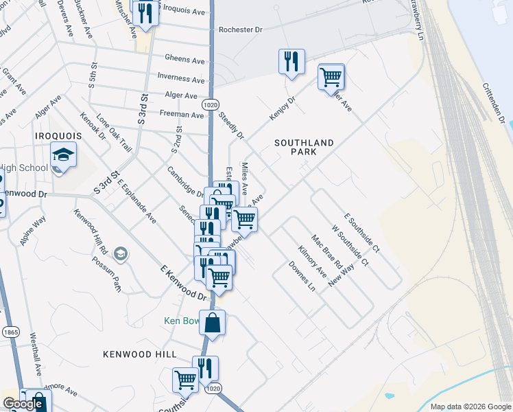 map of restaurants, bars, coffee shops, grocery stores, and more near 6627 Evangeline Avenue in Louisville
