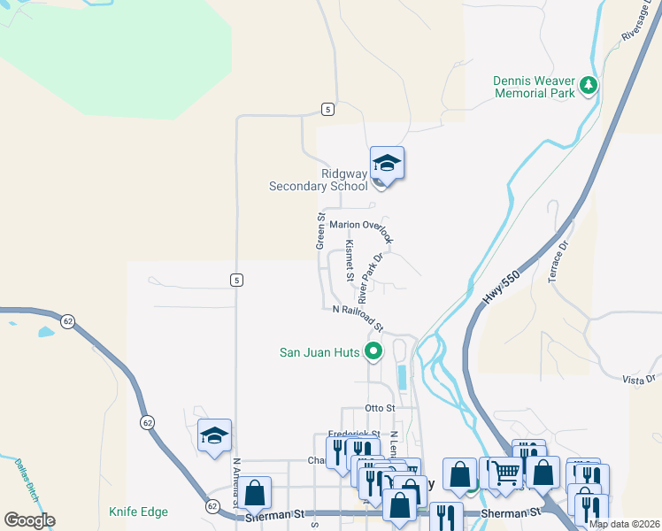 map of restaurants, bars, coffee shops, grocery stores, and more near 1200 Green Street in Ridgway