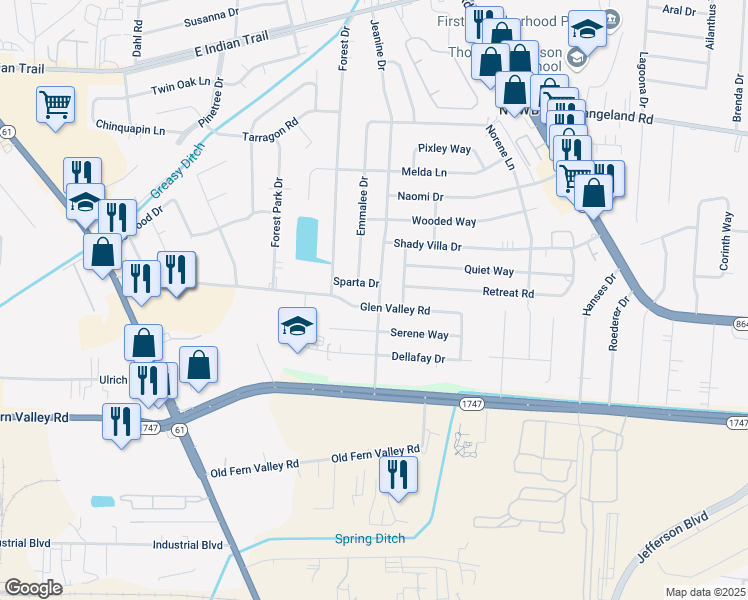 map of restaurants, bars, coffee shops, grocery stores, and more near 3912 Sparta Drive in Louisville