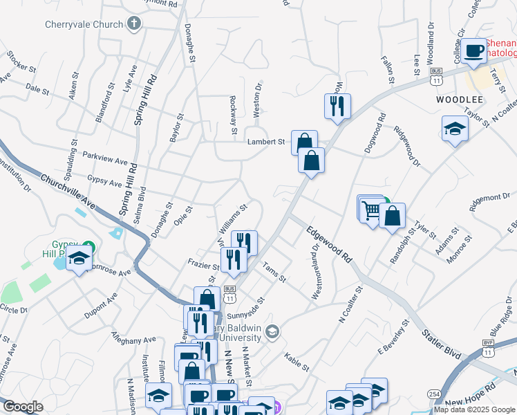 map of restaurants, bars, coffee shops, grocery stores, and more near 122 Overlook Road in Staunton