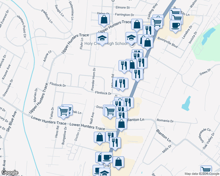 map of restaurants, bars, coffee shops, grocery stores, and more near 5320 Milner Road in Louisville