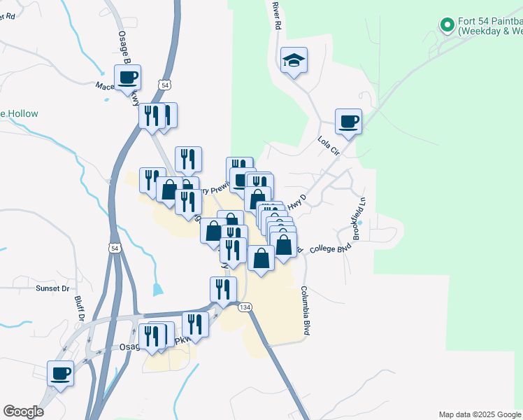 map of restaurants, bars, coffee shops, grocery stores, and more near 919 Highway D in Osage Beach