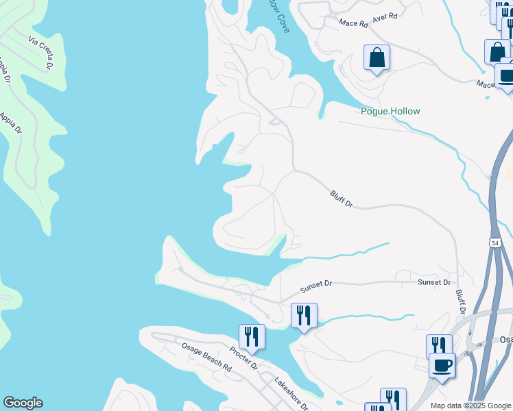 map of restaurants, bars, coffee shops, grocery stores, and more near 1360 Gerald Lane in Osage Beach