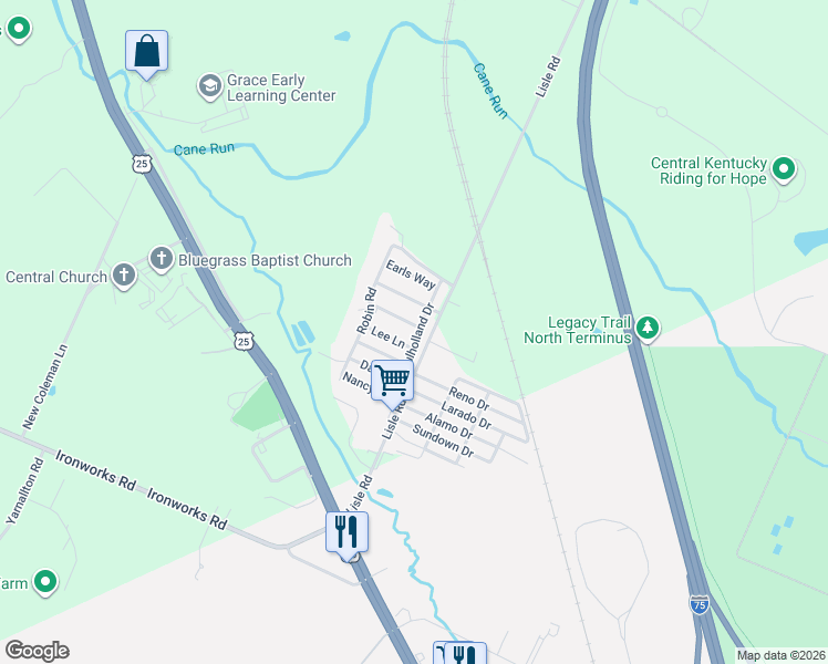 map of restaurants, bars, coffee shops, grocery stores, and more near 100 Daniel Drive in Georgetown