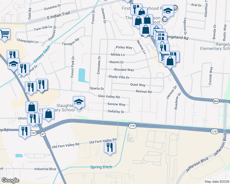 map of restaurants, bars, coffee shops, grocery stores, and more near 6012 Shadow Run Road in Louisville